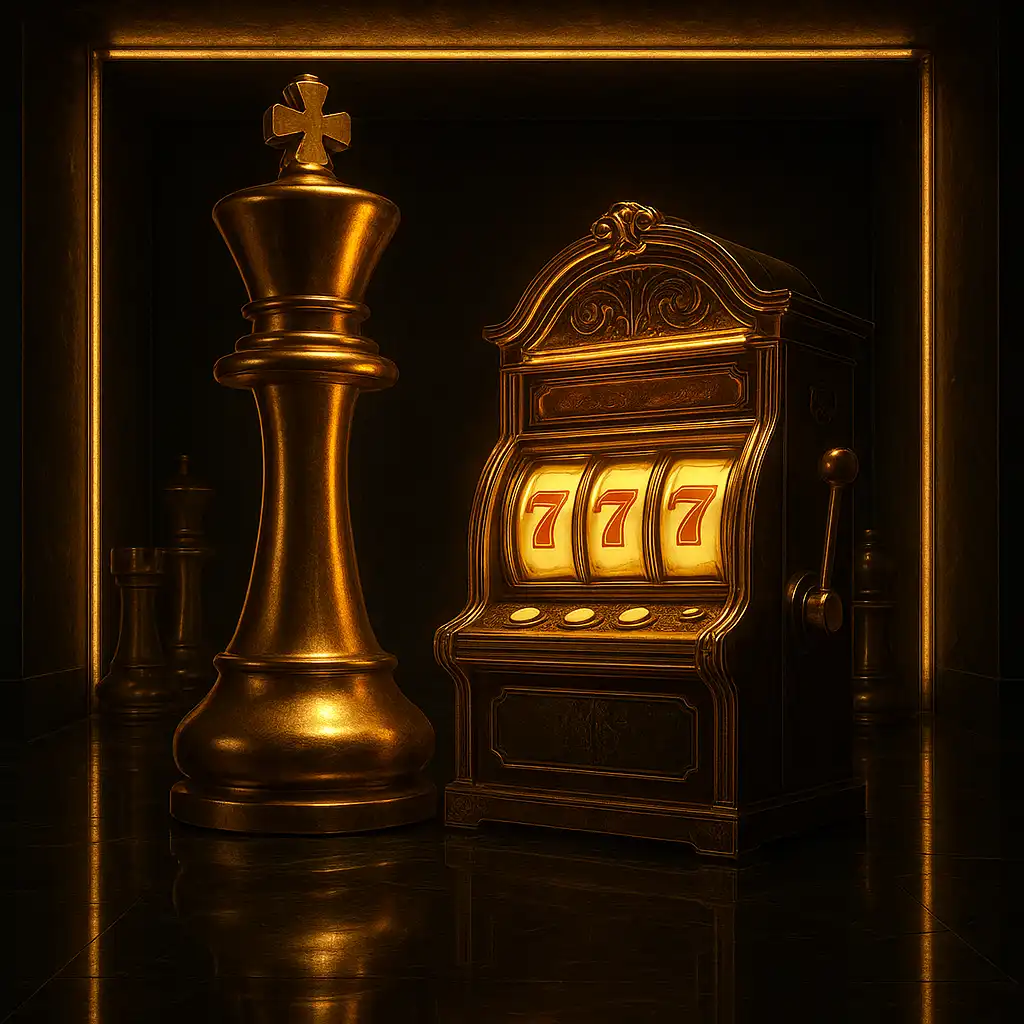 A golden chess king standing beside a glowing slot machine inside a dark marble vault
