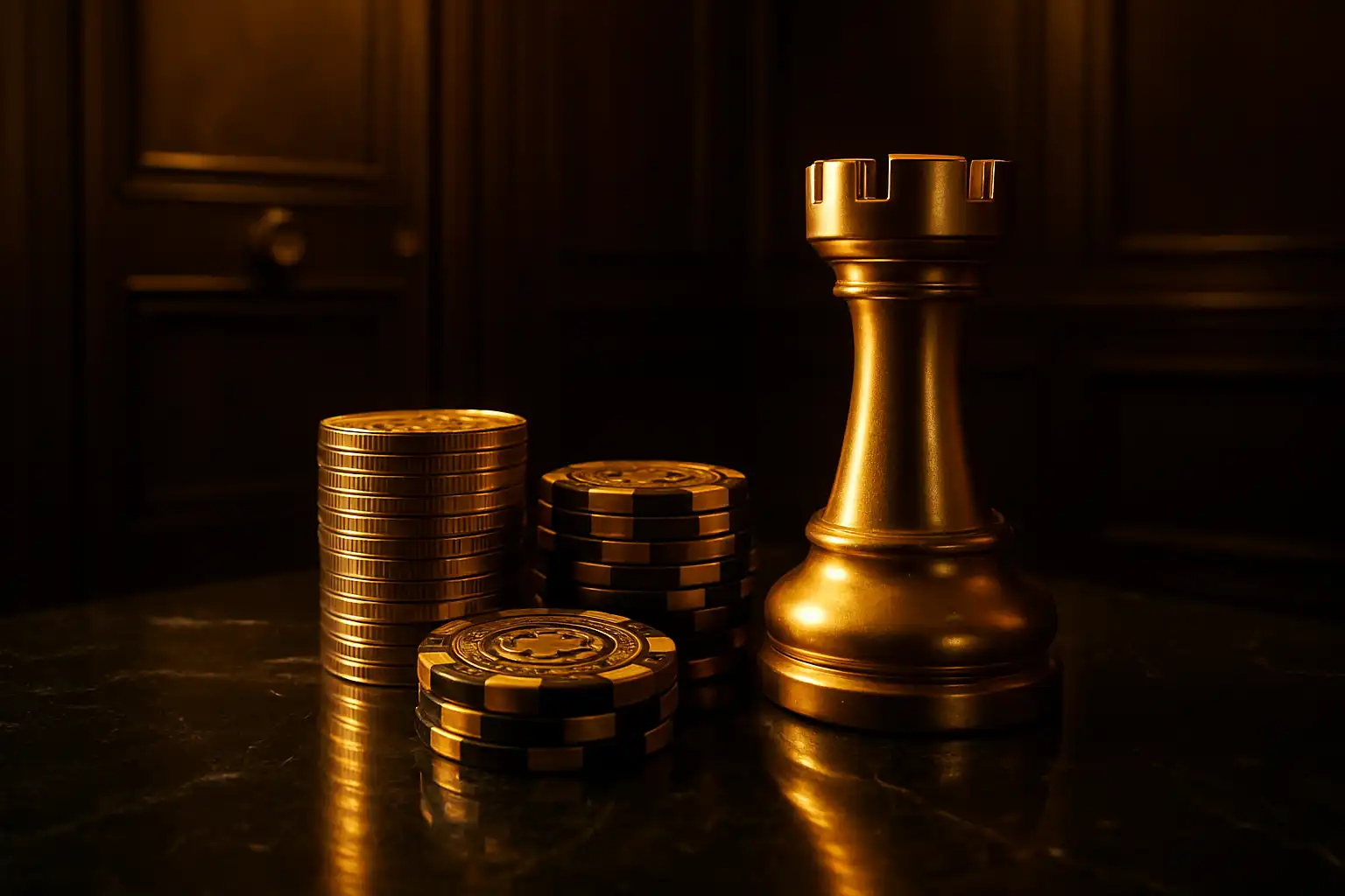 A stack of golden coins and chips beside an oversized chess rook inside a marble vault