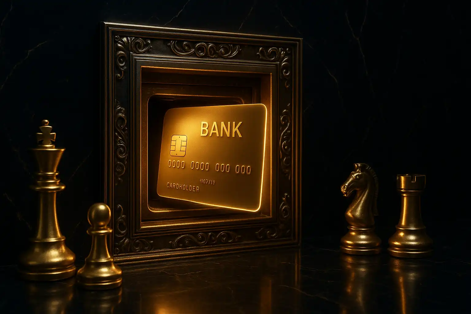 A glowing bank card sliding into a marble vault slot beside golden chess pieces