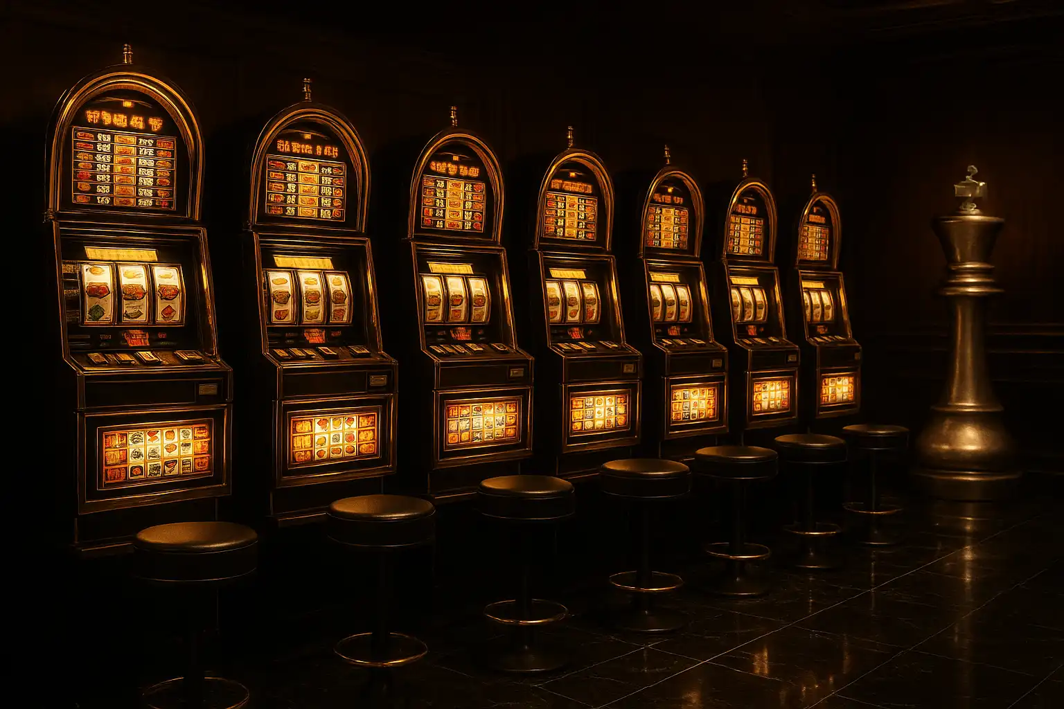 Rows of elegant slot machines lined up against a dark wood wall beneath a golden chess piece