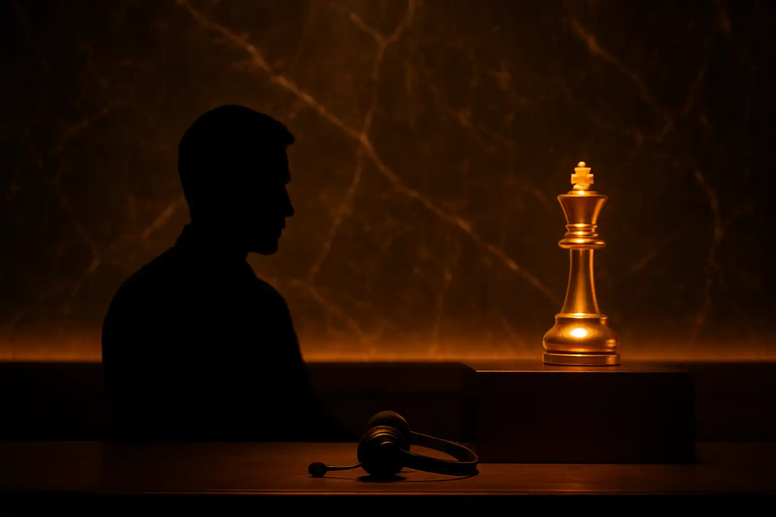 A support desk agent silhouette in front of a dark marble wall with a glowing chess piece